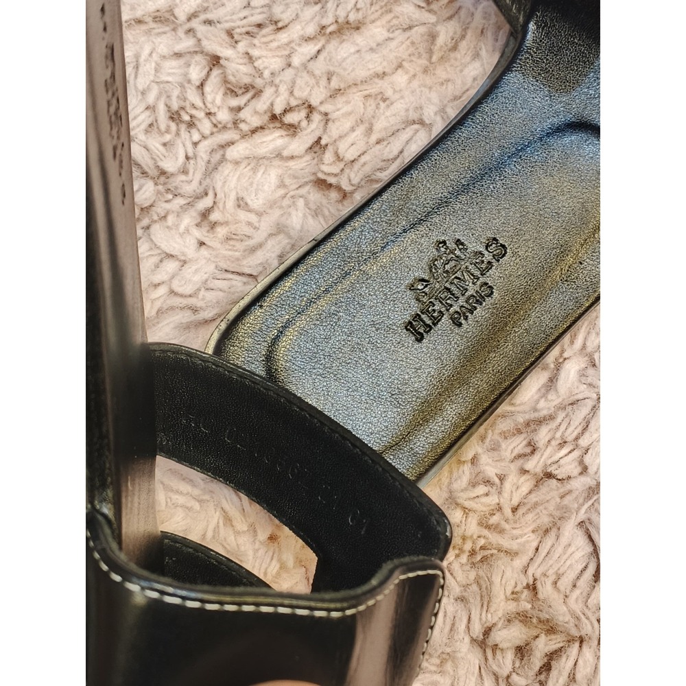 Hermes Oran Sandals Black Leather H Cut Out Flat Slides Size 39 Made in Italy - Picture 2 of 10